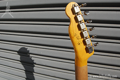 Billy Duffy's '63 Relic Esquire headsock with dedication from Bill Nash