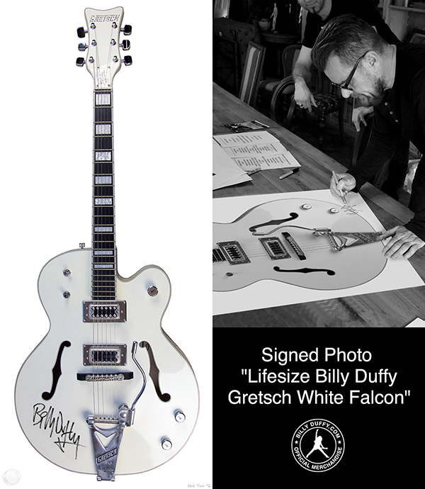 Billy Duffy signing life-size Gretsch White Falcon photo