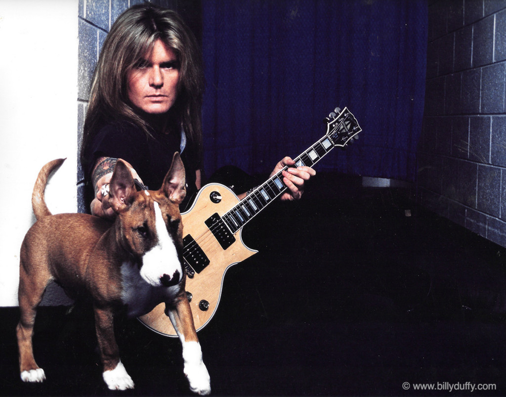 Billy Duffy & dog Luke backstage on the 'Sonic Temple' Tour