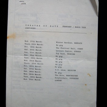 Billy’s itinerary from Theatre of Hate Tour – 1982 #2