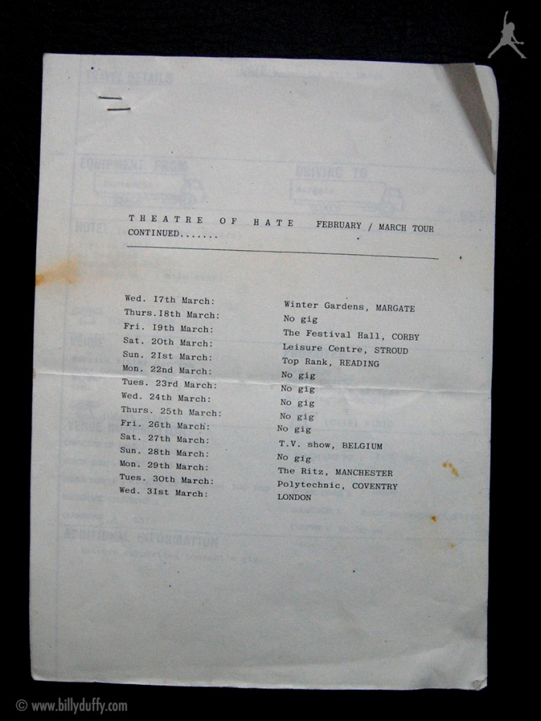 Billy's itinerary from Theatre of Hate Tour - 1982