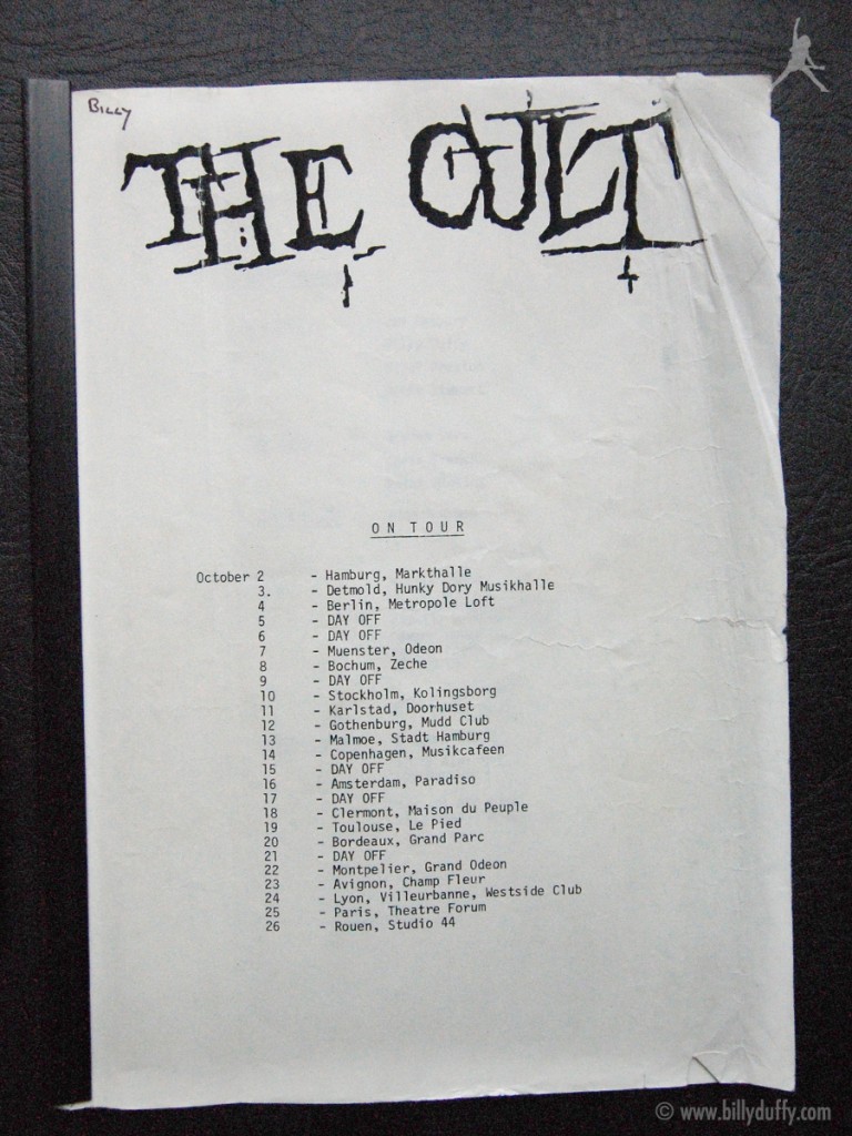 Billy Duffy's itinerary from The Cult Tour - 1984