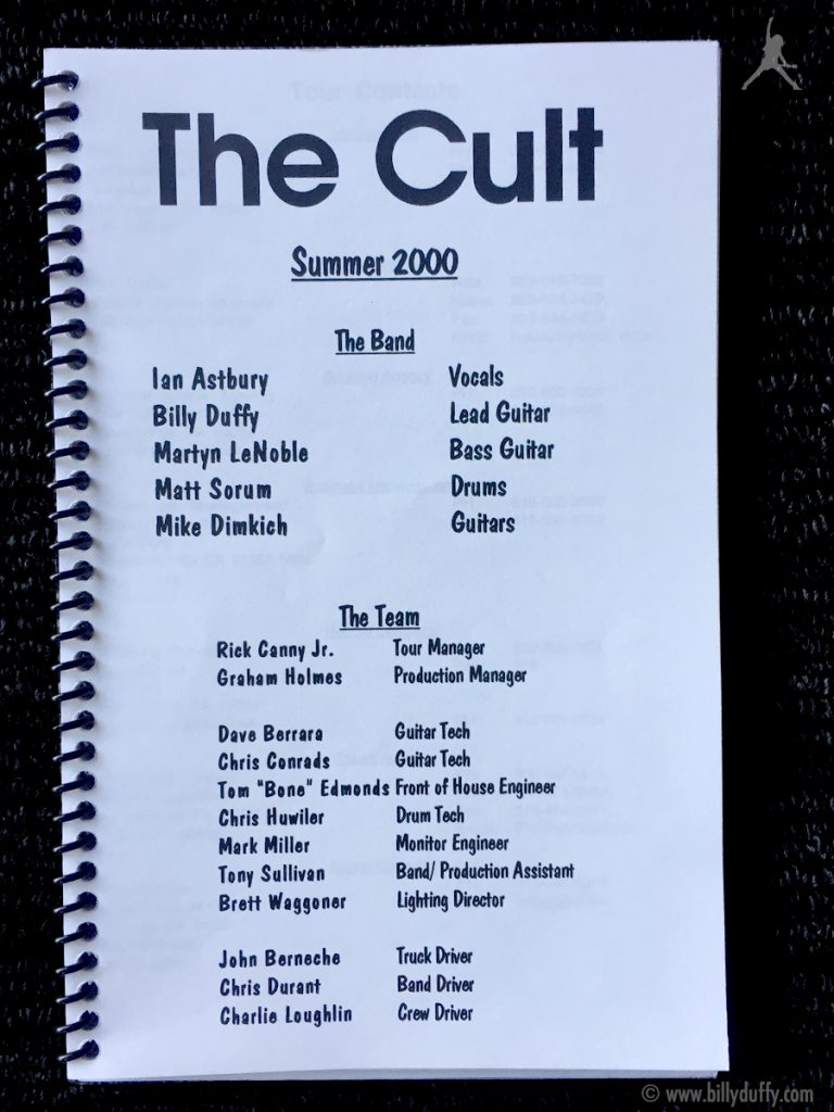 Billy Duffy's itinerary book from The Cult US Tour - Summer 2000