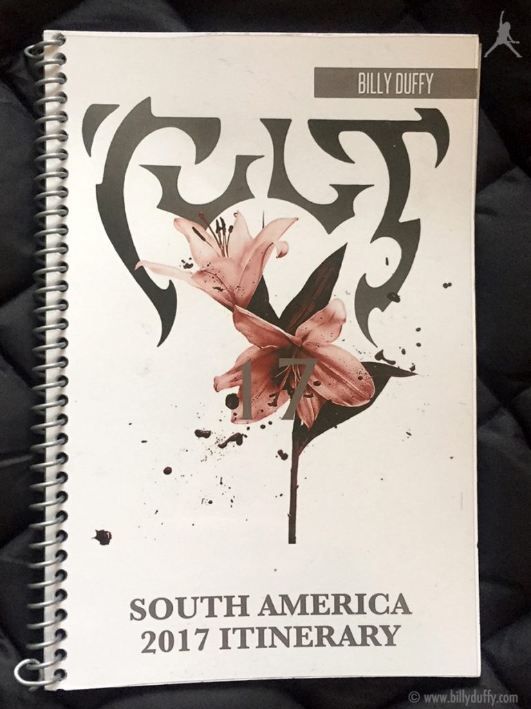 Billy Duffy's itinerary book from The Cult 'Alive in the Hidden City' Tour - South America Fall 2017