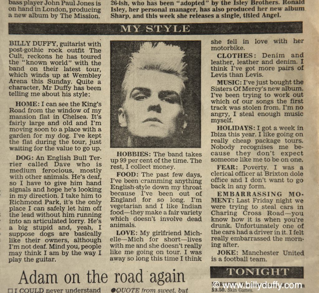 Billy Duffy's 'My Style' Evening Standard 24-11-87