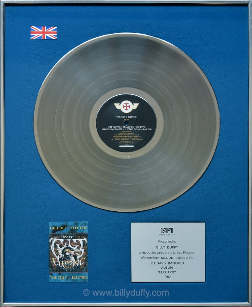 Billy Duffy's UK Silver Disc for The Cult 'Electric' album